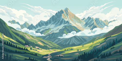 Panoramic summer landscape of the green alpine valley and high snow peaks under a cloudy sky in the European Alps