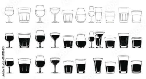 An arrangement of various drinking glasses showcasing different shapes and some filled with dark liquid