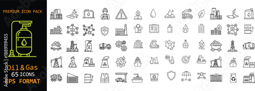 Oil and gas industry line icons set. Energy production, refinery, drilling, fuel and industrial equipment symbols. Premium editable stroke vector icons in EPS format.