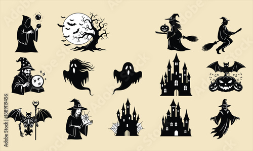 Halloween, spooky, icons, witch, ghost, pumpkin, castle, bat, wizard, horror, fantasy, silhouette, creepy, magic, dark, night, illustration, cad, drawing, flat vector illustration