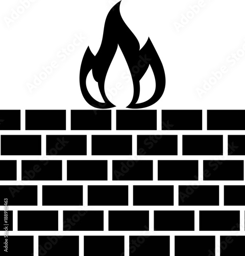 Black minimalist firewall icon featuring a brick wall and flame symbol for network security and data protection