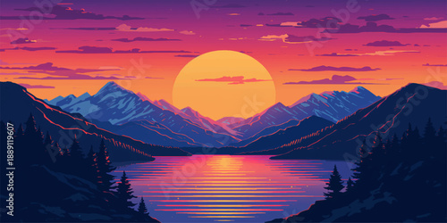 A serene mountain landscape at dawn features a glowing sunrise over snowy peaks reflecting in a calm lake under a blue sky with soft clouds and morning fog