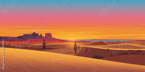 A vast mountain landscape features a golden sunset over a river in winter where sand dunes meet the arid Sahara wilderness during a hot summer adventure