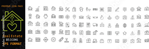 Real estate line icons set. Property, home, rent, sale, mortgage and investment symbols. Premium editable stroke vector icons for housing and realty business.