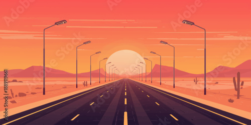 Urban landscape featuring cars driving at high speed on a city highway bridge during a vibrant sunset with traffic on the asphalt freeway