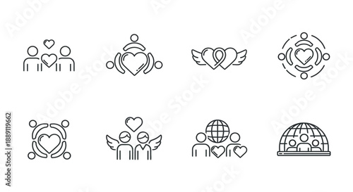 A collection of minimalistic line icons representing love family togetherness and global connection is displayed