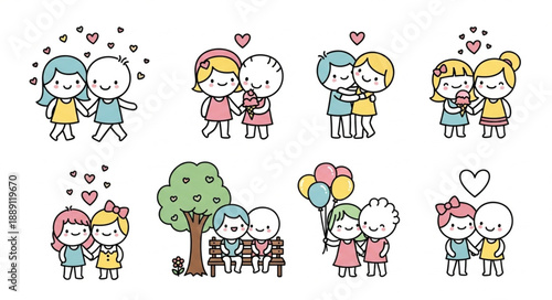 Cute Cartoon Couples Holding Hands and Hugging.