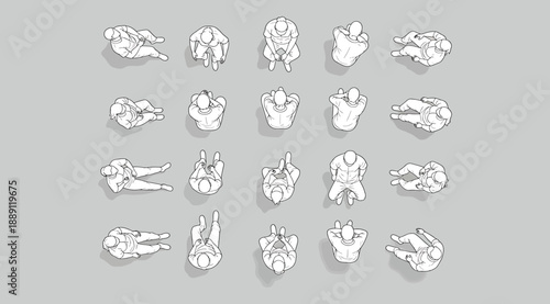 Vector illustration set of twenty white silhouettes of people in seated and reclined positions viewed from above, arranged in grid layout, highlighting posture diversity for ergonomics, animation, des