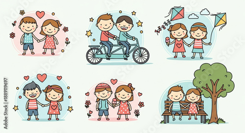Cute Cartoon Couples Holding Hands and Enjoying Activities Together.