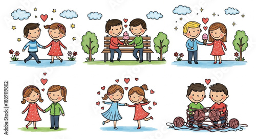 Cute Cartoon Couples Holding Hands and Sharing Moments.