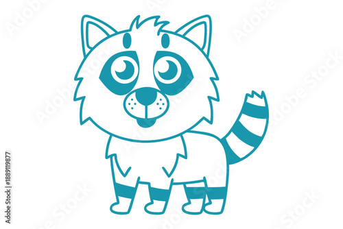 Cartoon raccoon standing cutely with its striped tail and outlined in teal presents itself