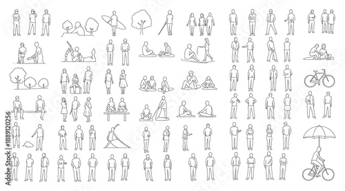 Vector illustration set of minimalist line drawings in grid format, depicting diverse human activities such as walking, cycling, sitting, hugging, dancing, exercising, and social interaction for desig