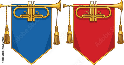 Ceremonial trumpets with decorative blue and red banners and tassels isolated on white background, heraldic music vector illustration