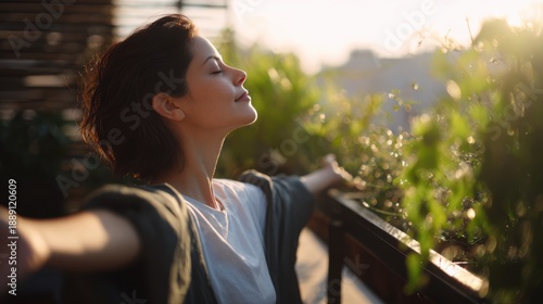 Woman with short dark hair takes a deep breath while standing on a balcony surrounded by greenery, sunlight illuminating her face and the plants in the background