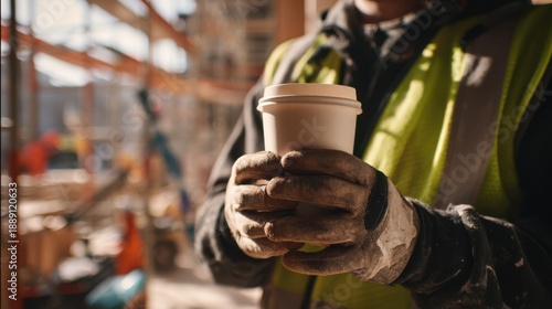 Wallpaper Mural Construction worker in safety vest holding a coffee cup, with scaffolding and construction equipment visible in the background of a building site Torontodigital.ca