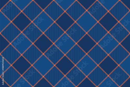 Classic plaid pattern with blue hues and orange accent lines. Use for design, backgrounds, or texture fills. Evokes tradition and style.
