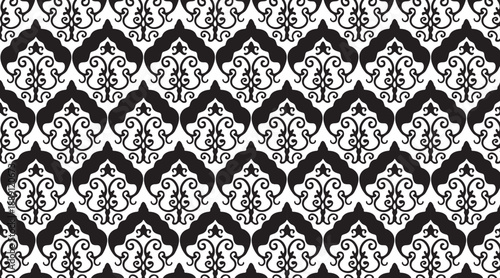 Black and white seamless pattern with damaskinspired floral swirling motifs on white background for design and decoration purposes  elegant repetitive texture