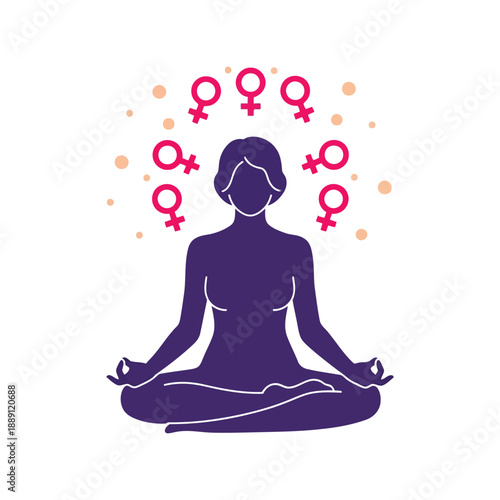 Women's Day meditation vector clipart with female silhouette and feminist symbols
