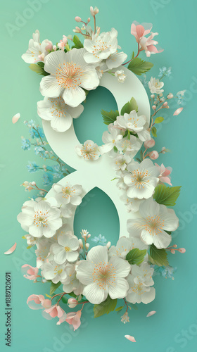 Paper cut number eight with cherry blossom flowers on teal background, international women’s day design