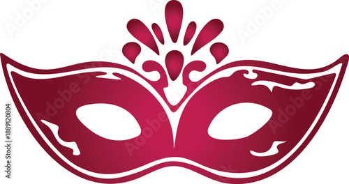 Red masquerade mask with white details and decorative top on transparent background