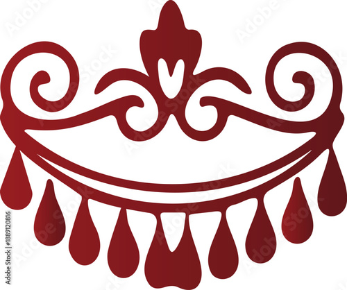 Red ornamental decorative element with teardrop shaped drops and swirling patterns isolated on transparent background
