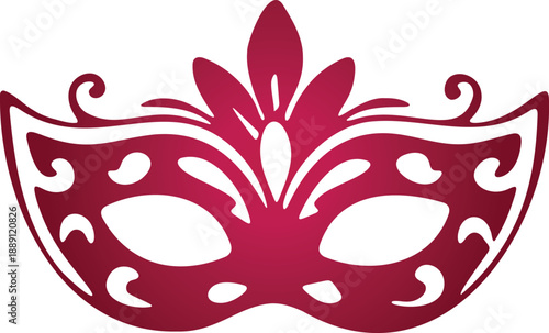 Red Venetian Mardi Gras mask with floral design and swirls isolated on transparent background  carnival party decoration
