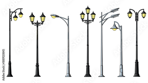 Comprehensive set of street lamp illustrations displays various vintage and modern designs used for urban lighting and path decor.