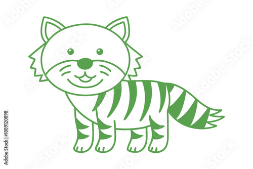 An adorable cartoon tiger with green outlines is standing and smiling pleasantly