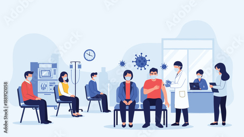 Medical scene shows people wearing face masks in a hospital clinic while waiting to receive vaccinations from healthcare workers.