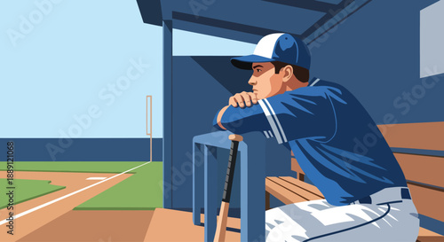 Baseball player sitting in dugout watching game field.