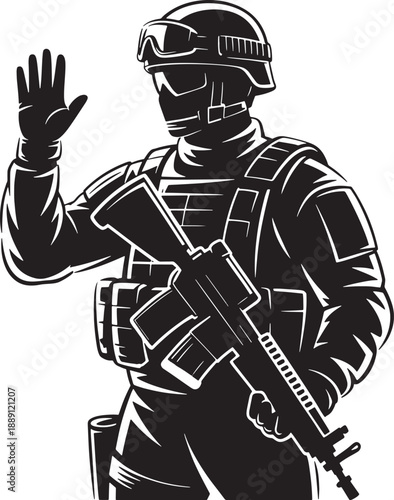 Silhouette of a soldier aiming a weapon decorated with tribal designs