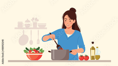 Cheerful woman focuses on cooking a delicious meal in her kitchen while stirring a pot and preparing a fresh salad on the side.