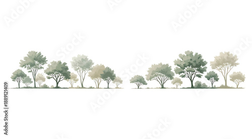 Vector illustration of stylized clustered trees in muted greens and browns, arranged in two groups with central gap, showcasing diverse canopy forms for landscape design, ecology, education, and artis