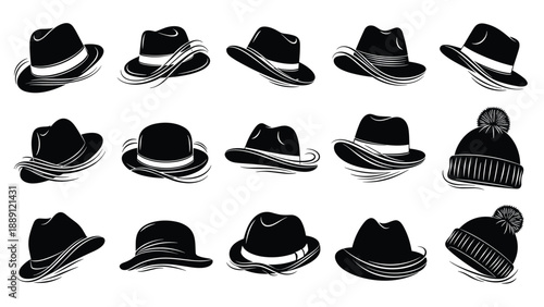Diverse collection of black hat silhouettes includes various styles from classic fedoras and bowlers to warm winter beanies.