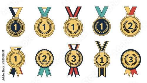 Assortment of gold achievement medals features rankings for first, second, and third place with decorative laurel wreaths.