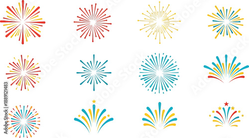 Collection of twelve stylized firework burst icons featuring vibrant yellow red and teal colors perfect for celebration and festive design elements