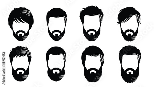 Set of black and white silhouettes displays various men's hairstyles and beard styles for grooming inspiration and barber services.