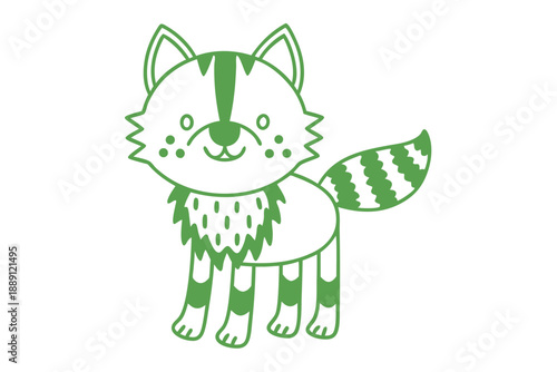 Green outlined cartoon raccoon stands playfully with a striped tail and spotted cheeks