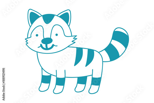 Cute teal raccoon stands with a striped tail on a white background