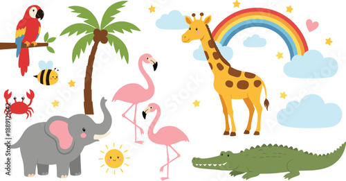 Set of cute safari and tropical animals vector illustration, elephant giraffe flamingo crocodile parrot rainbow collection for kids design