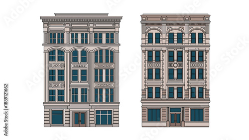 Pair of ornate multi-story historic city buildings showcases elaborate architectural details and symmetrical window designs.