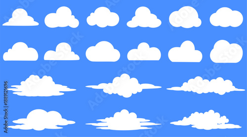 Set of imaginary cloud doodles, flat isolated on blue background.vector