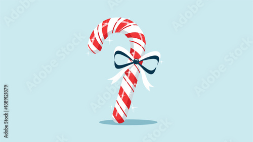 Festive red and white striped candy cane is decorated with a sparkling blue and white bow for a sweet holiday treat illustration.
