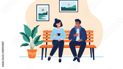 Relaxed young couple sits on a wooden bench indoors while drinking coffee and engaging in a friendly conversation near a plant.