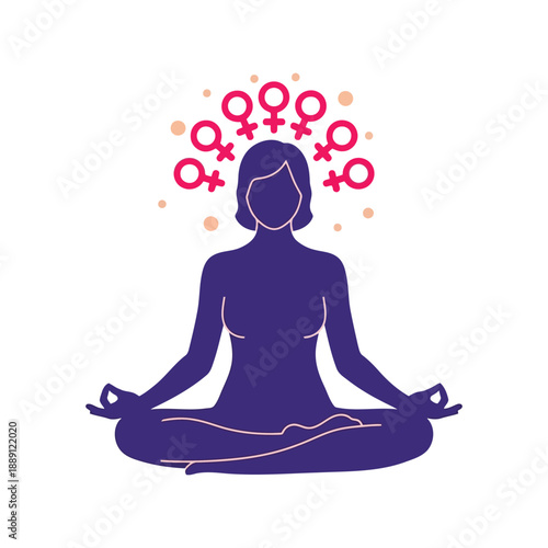 Women's Day meditation vector clipart with female silhouette, feminism symbols, and wellness concept