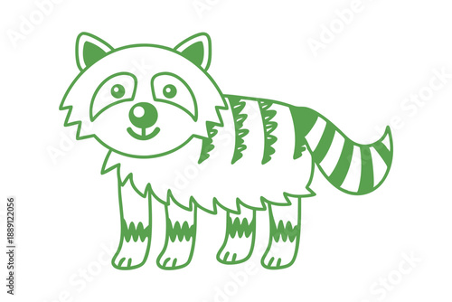Green outlined raccoon stands cheerfully with a striped tail and happy face