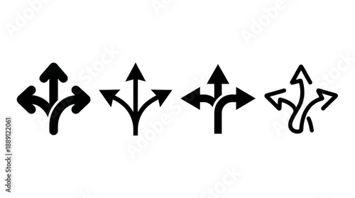 Vector Three-Way Arrow Icons – 4 Unique Directional Silhouettes Representing Navigation, Choice, Pathfinding, and UI Design for Interfaces, Maps, and Decision-Making Graphics