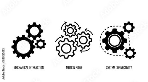 Vector Gear System Icons – 3 Unique Mechanical Silhouettes Featuring Rotating Gears, Engineering Concepts, Automation Graphics, and Industrial Design Elements for Technical Illustration Templates