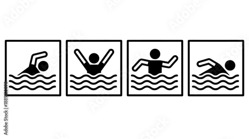 Vector Swimming Style Icons – 4 Unique Silhouettes of Freestyle, Butterfly, Backstroke, Breaststroke for Sports Graphics, Athlete Symbols, Fitness Design, and Aquatic Illustration