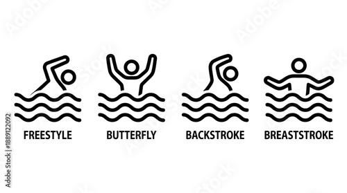 Vector Swimming Style Icons – 4 Unique Silhouettes of Freestyle, Butterfly, Backstroke, Breaststroke for Sports Graphics, Athlete Symbols, Fitness Design, and Aquatic Illustration